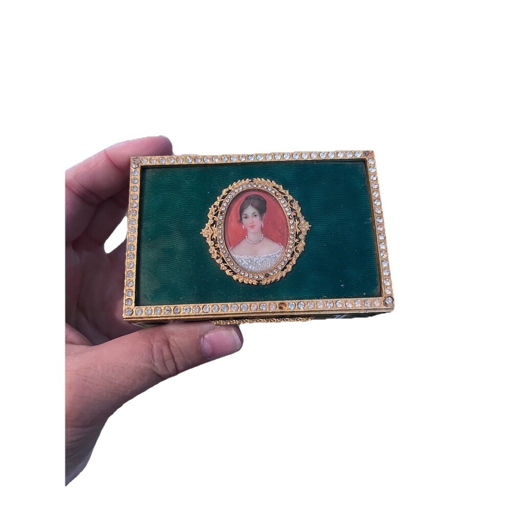 Vintage 1980s Swiss Reuge Guilloche Green Enamel Jewelry Box Female Portrait